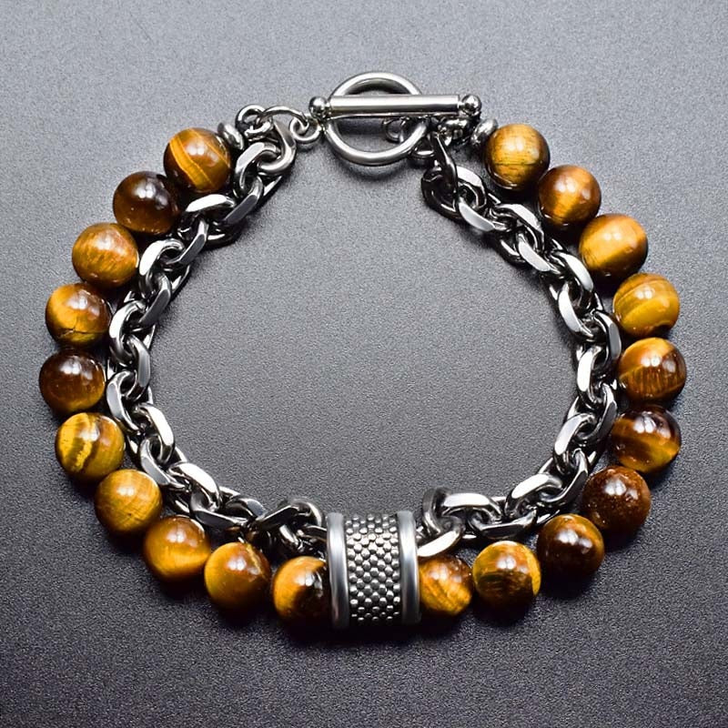 Pulseira Masculina de Metal e Pedras - Olho do Tigre