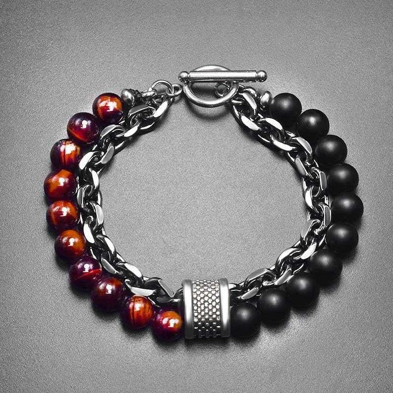 Pulseira Masculina de Metal e Pedras - Olho do Tigre