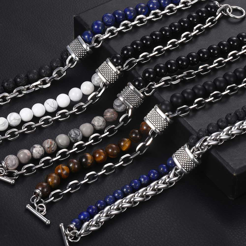 Pulseira Masculina de Metal e Pedras - Olho do Tigre