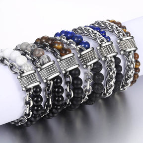 Pulseira Masculina de Metal e Pedras - Olho do Tigre
