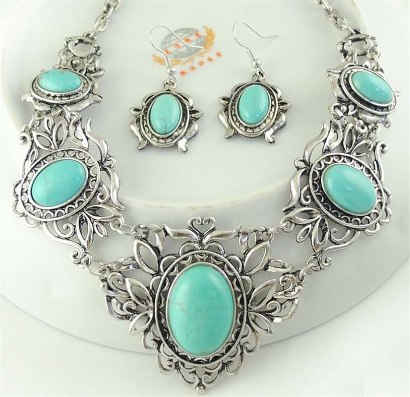 Conjunto de Joias Colar e Brincos - Turquesa Tibetana